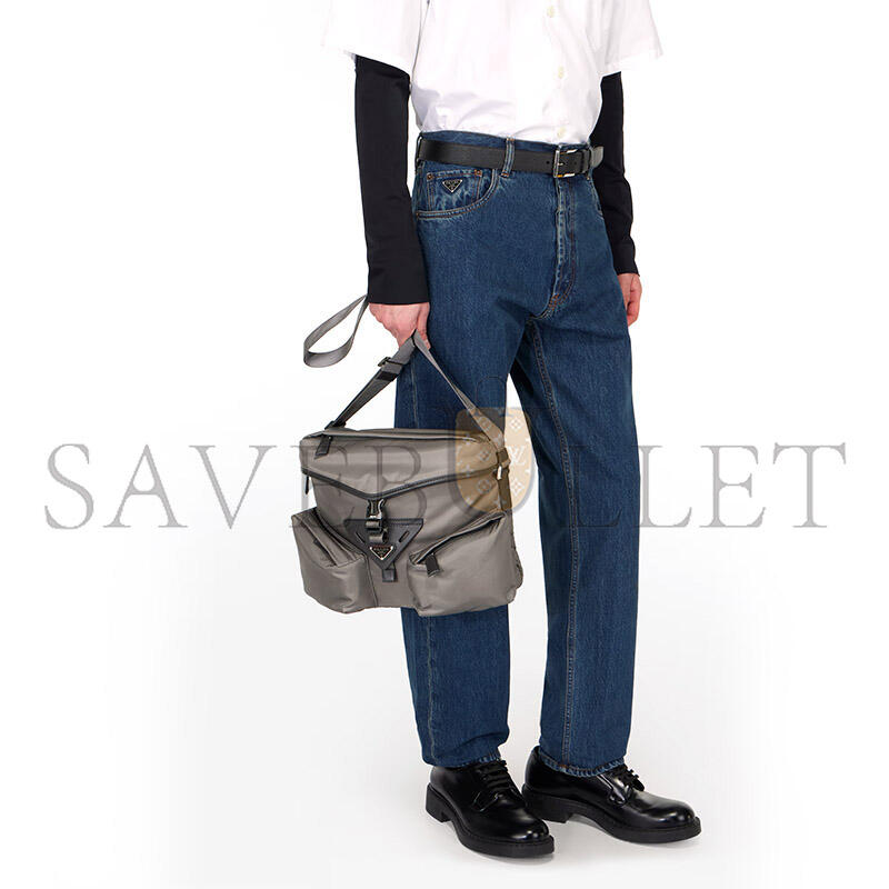 Pra*a iron gray re-nylon and leather shoulder bag 2vd062 (29*23*15cm)